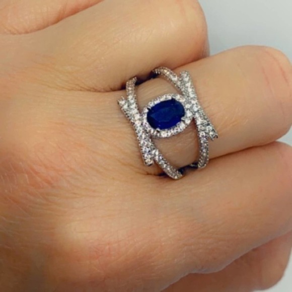 Silver Sapphire Halo X Ring - Picture 4 of 5